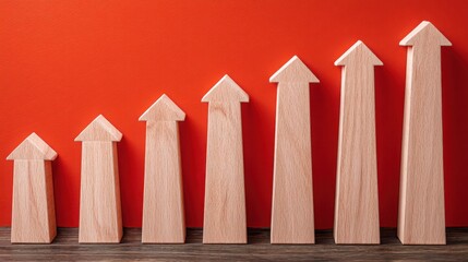 Poster - Straight row of wooden arrows pointing forward signifying early trend detection in financial market analysis
