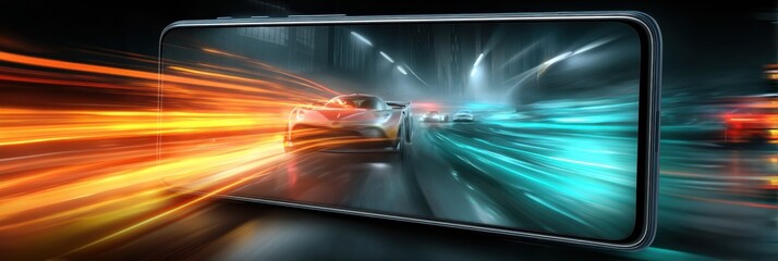 Poster - Racing Game Interface Displayed on a Sleek Gaming Smartphone With Vibrant Motion Trails Illustrating Speed and Excitement