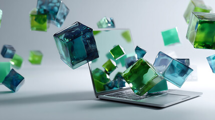 Fototapete - Creative digital visualization of colorful transparent cubes emerging from a laptop screen in a modern 3D graphic design : Generative AI