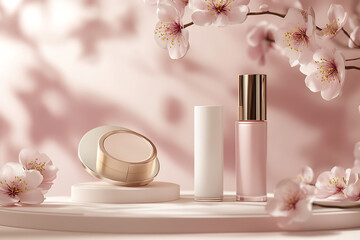 Poster - Elegant Cosmetic Products Surrounded by Blossoming Cherry Flowers on a Soft Background : Generative AI