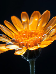 Poster - Stunning close up of vibrant orange daisy flower glistening with dew drops in dramatic lighting : Generative AI
