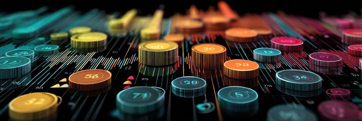 Leinwandbilder - Innovative Holographic Financial Chart Displaying Vibrant 3D Tokens and Dynamic Numbers for Modern Financial Analysis
