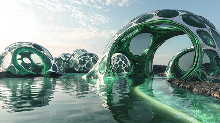 Poster - Transforming autonomous ecological nodes urban waterways 3d renderings futuristic architecture nature integration sustainability concept