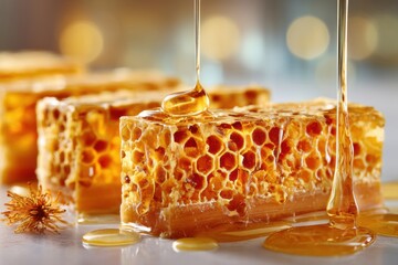 Poster - Delicious Honeycomb Dessert With Golden Honey Drizzled on Top, Showcasing Bright Colors and a Tempting Texture Perfect for Sweet Lovers