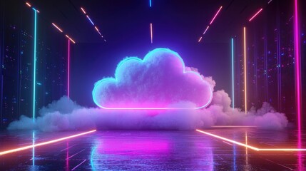 Poster - Futuristic server room with neon cloud hologram, colorful lights, and digital mist, symbolizing cloud computing, cybersecurity, big data, AI innovation, and virtual technology