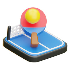 Poster - Ping pong paddle and ball resting on miniature table with net: 3d render, transparent background