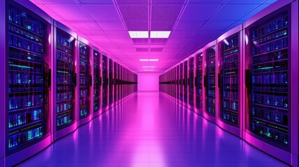 Poster - Futuristic server room illuminated with pink and blue neon lights, sleek polished floors, and modern server racks, perfect for cloud computing, cybersecurity, AI innovation, digital technology visuals