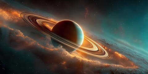 vivid cosmic scene, swirling gas and dust surrounding a planet with rings, deep space exploration th