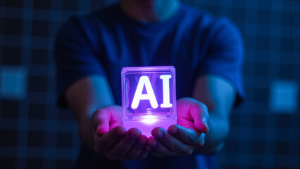 Poster - Person Holding Neon AI Sign in Dark Space with Futuristic Vibes and Technology Theme