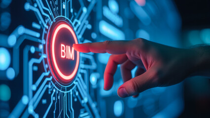 Poster - Hand Touching Digital Button for Building Information Modeling Concept in Tech Background