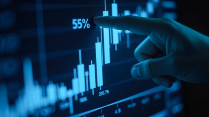 Poster - Hand Pointing at Digital Chart with Statistics and Growth Indicators in Blue Tones