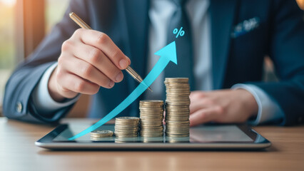 Poster - Businessman Analyzing Financial Growth with Coins and Graph on Digital Tablet
