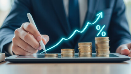 Poster - Businessman Analyzing Financial Growth with Coins and Graph on Digital Tablet