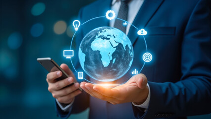 Poster - Businessman Using Smartphone with Global Connection and Technology Icons Floating