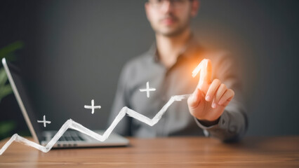 Poster - Businessman Analyzing Growth Chart and Indicator with Hand Gesture in Office Setting