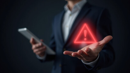 Poster - Businessman Holds Tablet With Warning Sign and Alert Icon Over Dark Background