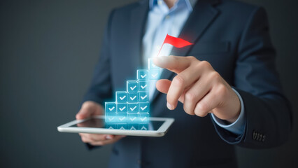 Poster - Business Professional Shows Progress with Digital Checklist on Tablet Screen