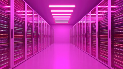 Poster - Minimalistic server room glowing with intense pink neon lights, sleek racks, and smooth reflective floors, perfect for cloud computing, cybersecurity, AI, and futuristic technology visuals