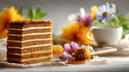 Poster - Delightful Honey Cake Slice With Layered Texture and Bright Floral Arrangement in a Cozy Setting