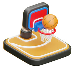 Poster - Basketball entering hoop on miniature court: 3d illustration on transparent background