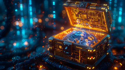 Fototapete - Futuristic treasure chest containing a digital globe.