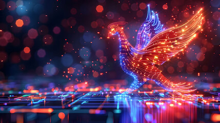 Poster - Digitally rendered phoenix soaring above a circuit board.
