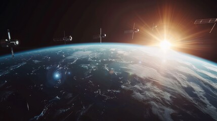 silhouette view of a fleet of internet starlink satellites in orbit above earth. a line of satellite