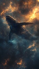 Aufkleber - Dynamic aerial shot of a massive cosmic leviathan swimming through a nebula, trails of light following its movements. Cinematic celestial dreamscape