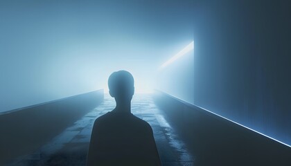 Aufkleber - Over-the-shoulder shot of a lone wanderer staring at a bridge that leads into pure white light, reality bending. Cinematic surreal dreamscape