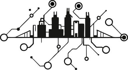 Poster - Cityscape connected via lines circles and circuits