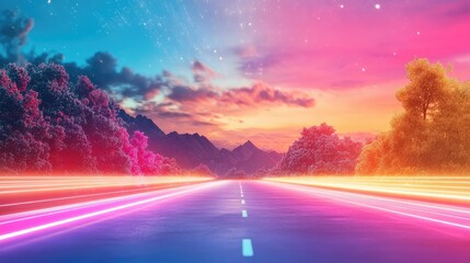 Poster - Abstract digital road in vibrant red and blue parallel tracks, sci-fi interface concept