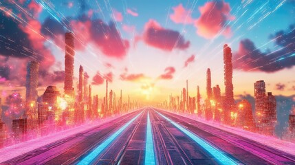 Poster - Abstract digital road in vibrant red and blue parallel tracks, sci-fi interface concept