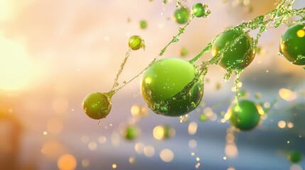 Poster - Floating tech spheres connected by glowing green strands, abstract 3D system