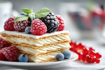 Poster - Delicious Mille-Feuille Slice With Creamy Layers and Fresh Berries Captured in Macro Close-Up