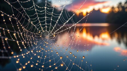 Spiderweb with water droplets on lake at sunset