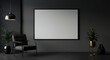 © wafi - Highlight interior design concepts luxury dark-themed 3D rendering showing sleek gray wall empty horizontal frame mockup paired sophisticated metal armchair black-toned decor ideal professional