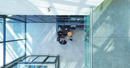 Poster - Above, airport and business people with cooperation, talking and conversation with project. Employees, global trade and travellers with teamwork, professional and collaboration with communication