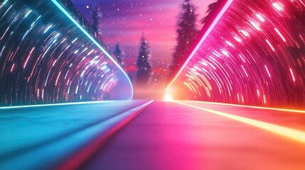 Poster - Two opposing glowing lines in red and blue speeding through 3D tech tunnel