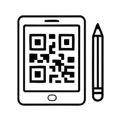 minimalist black and white illustration of a tablet displaying a qr code next to a stylus, represent