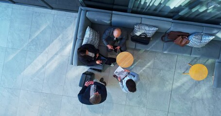 Poster - Above, airport and business people with conversation, professional and thank you with project. Employees, global trade and travellers in office, teamwork and cooperation with communication and ideas