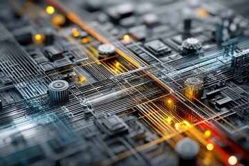 Poster - Microchip Close-Up Transforming Into an Intricate City Layout Showcasing the Fusion of Technology and Urban Design