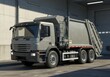 © moo - A gray garbage truck is parked near a concrete building, for environmental collection service to handle solid waste management and pollution problems