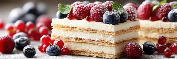 Aufkleber - Delicious Mille-Feuille Slice With Creamy Layers and Fresh Berries Displayed on a Rustic Table