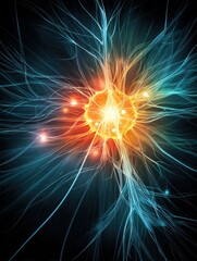 Fototapete - Glowing Energy Source at Center With Neural Tendrils Branching out Into the Dark Background