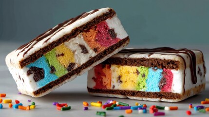 Aufkleber - Indulging in a Colorful Ice Cream Sandwich Cut in Half Featuring Vibrant Filling and a Creamy White Exterior
