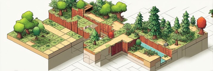 Poster - Explore a Minimal Pixel Art World Set in a 3D Environment With Clean Layouts and Vibrant Landscapes Featuring Trees and a Small River