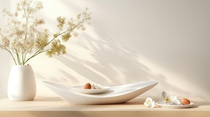Poster - All-white abstract shapes forming a 3D podium, soft light for mockup presentation
