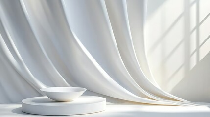 Poster - All-white abstract shapes forming a 3D podium, soft light for mockup presentation