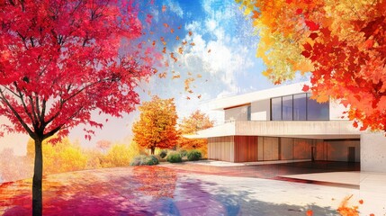 Poster - Creative architectural sketch against an abstract backdrop and rich autumn scenery