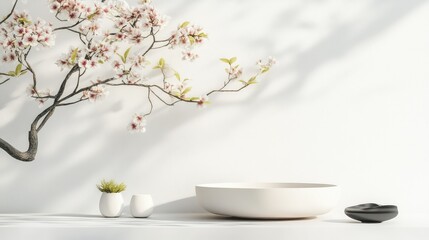 Poster - Geometric white 3D rendering with soft tones and modern podium in a minimalist style
